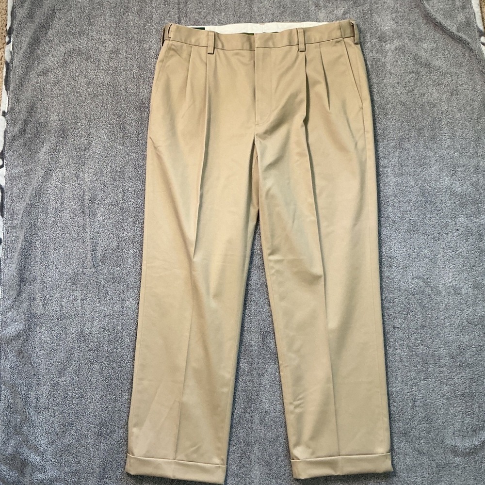 Orvis Mens 36x27 Pleated Chino Pants Khaki Tan Cuffed Cotton Stretch Trousers
